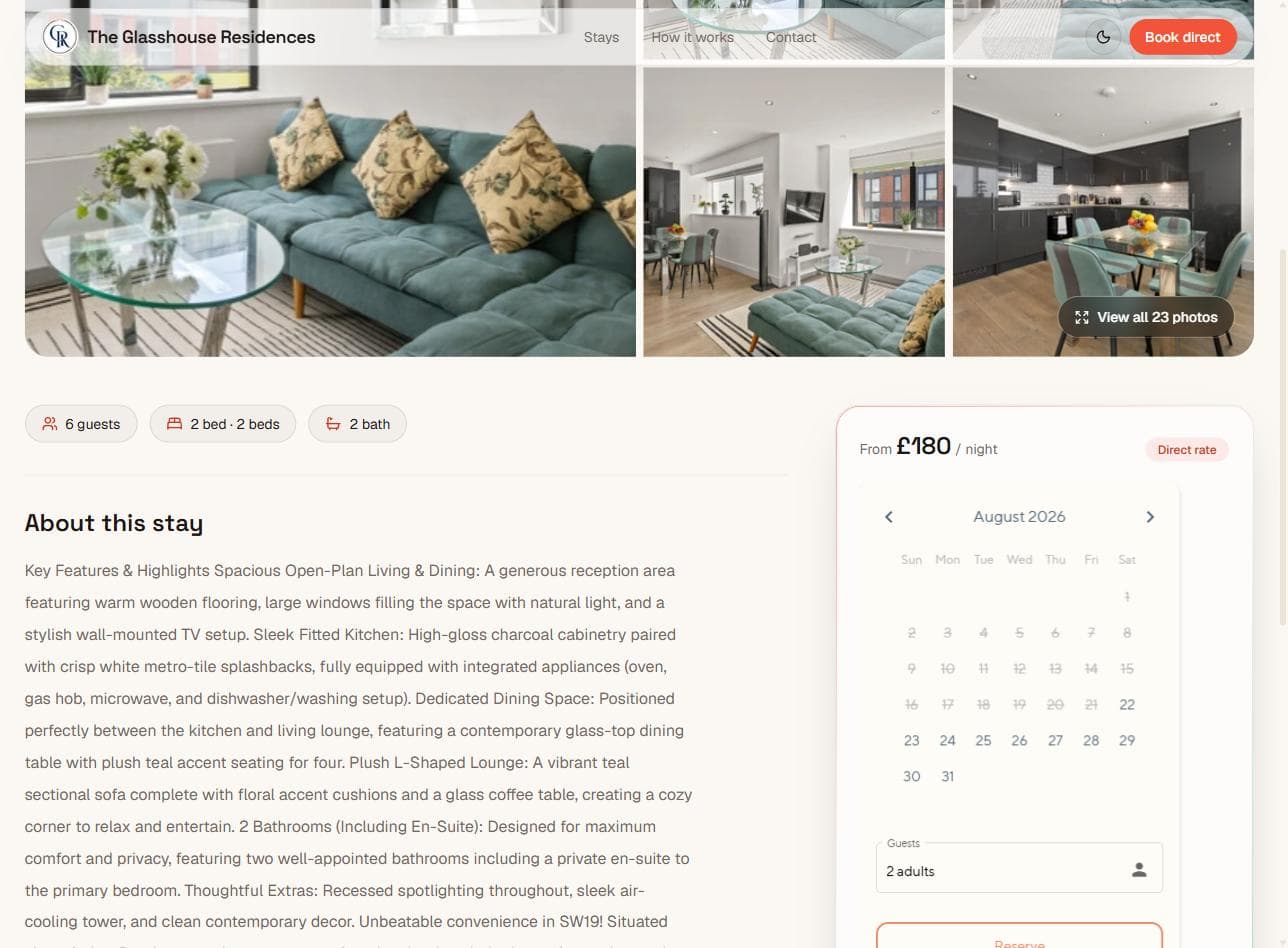 A property page with a live availability calendar, a direct nightly rate, and notes that the calendar is synced and card details never touch the site